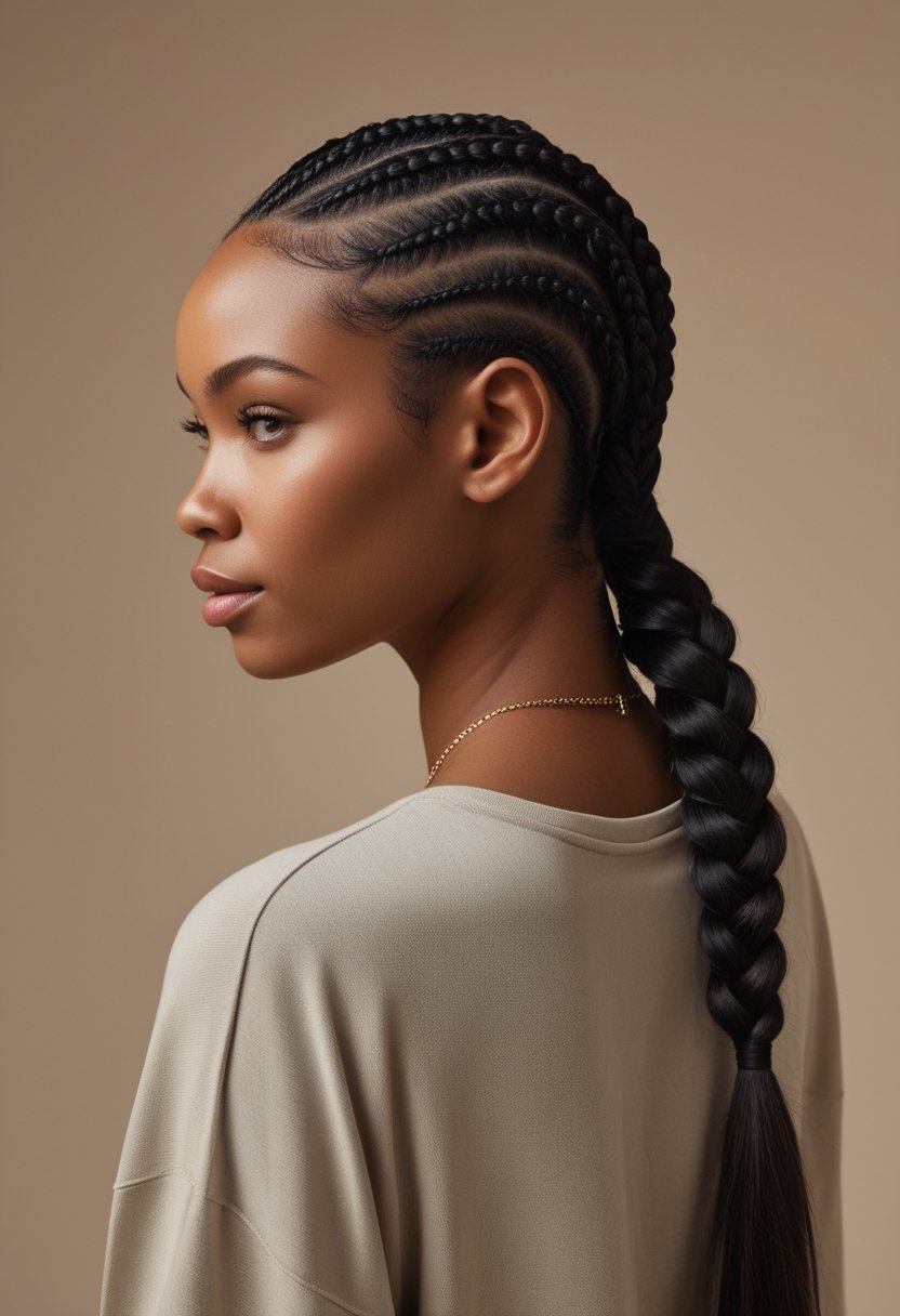 A woman with neatly arranged cornrow braids viewed from behind.