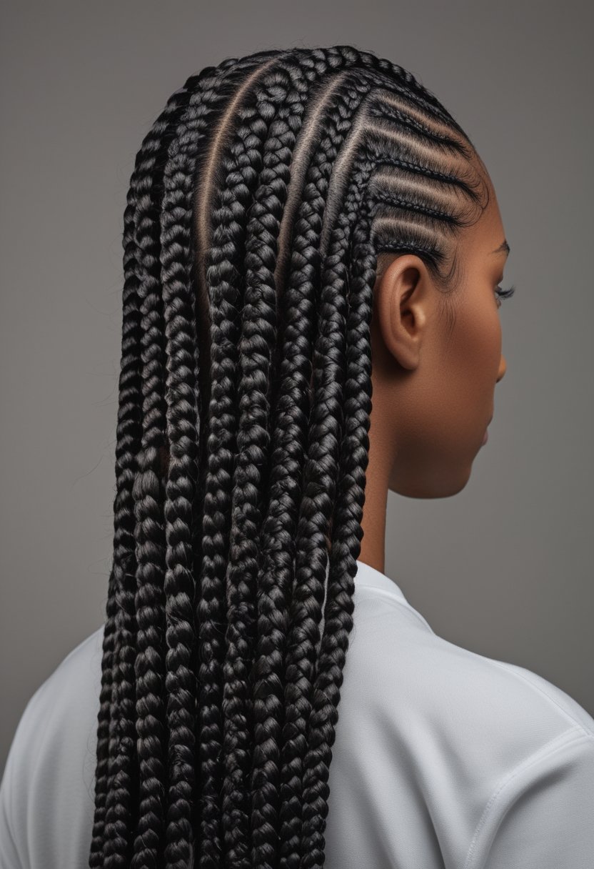 A person with neat braids extending straight back from the hairline.
