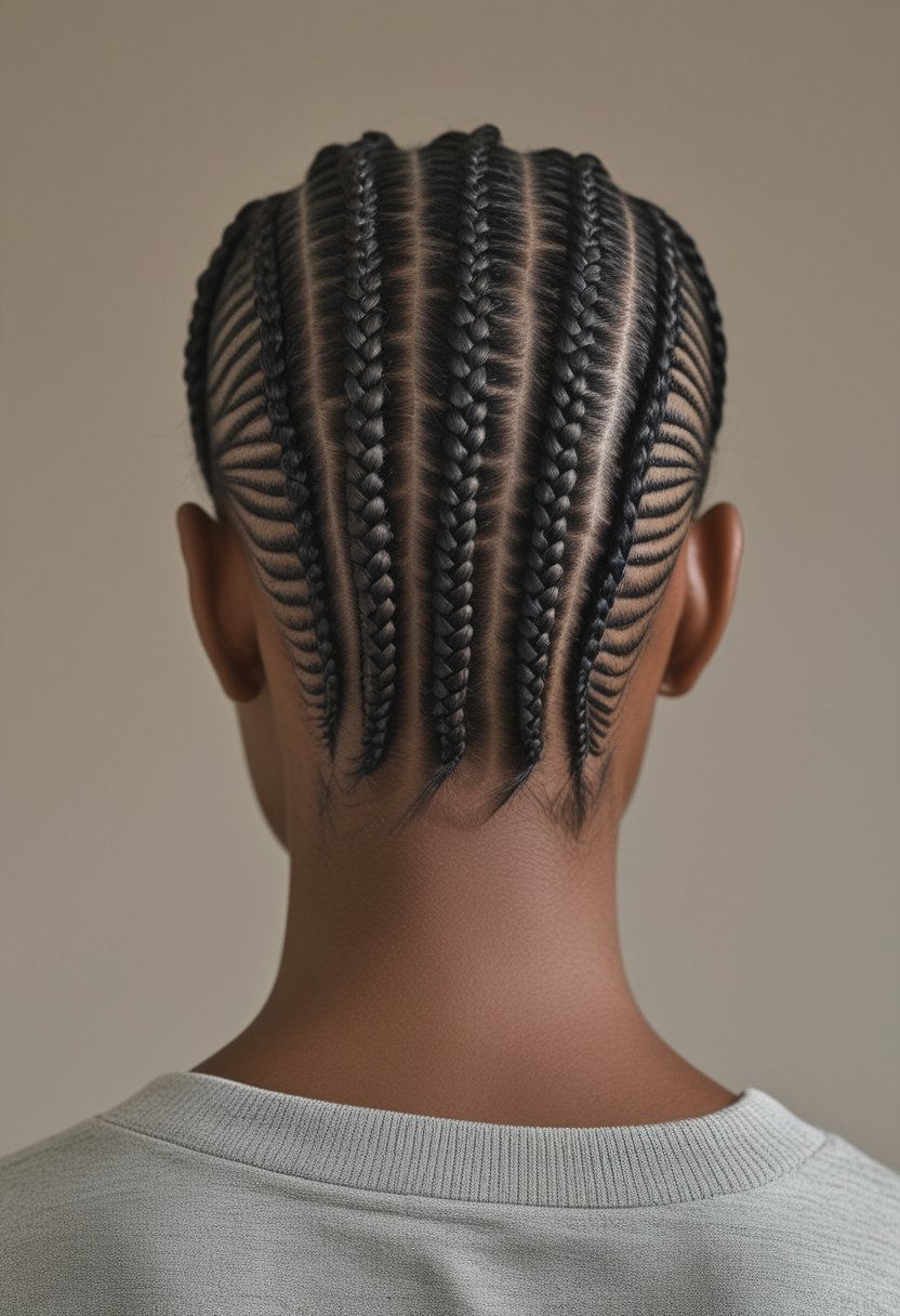 A person with neatly arranged cornrow braids and clearly defined scalp partings.