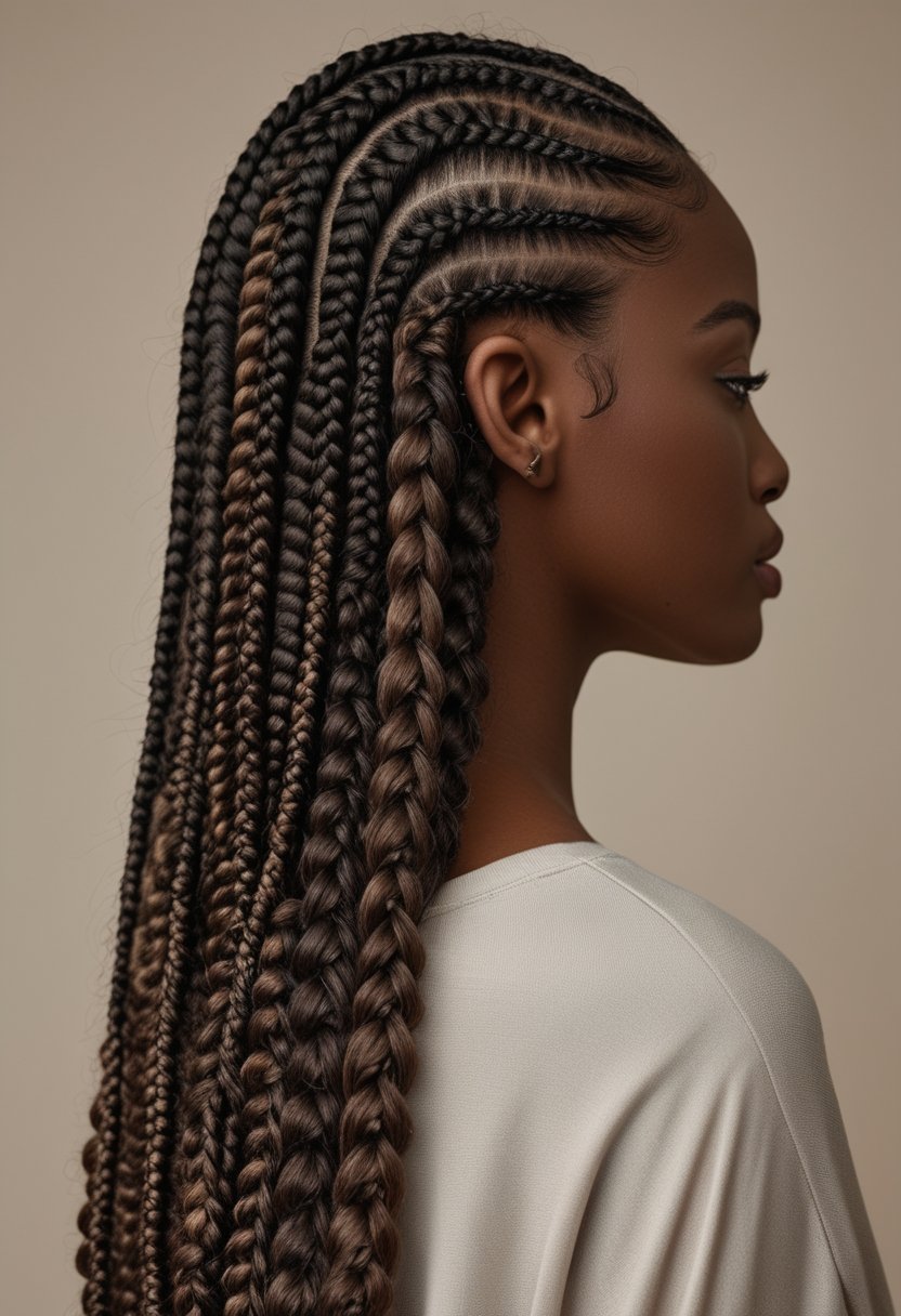 A woman with long, neatly arranged cornrow braids viewed from behind.