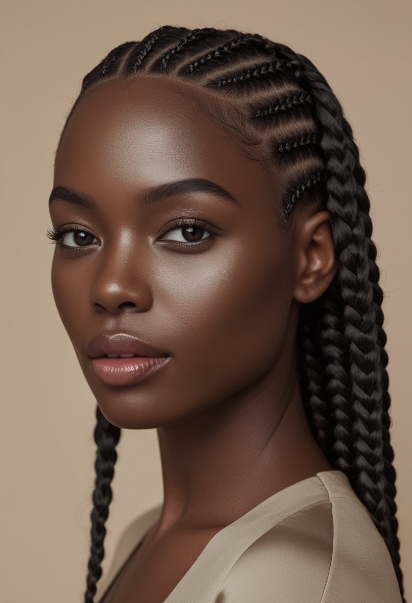 A woman with neatly arranged cornrows and side braids poses against a plain background.