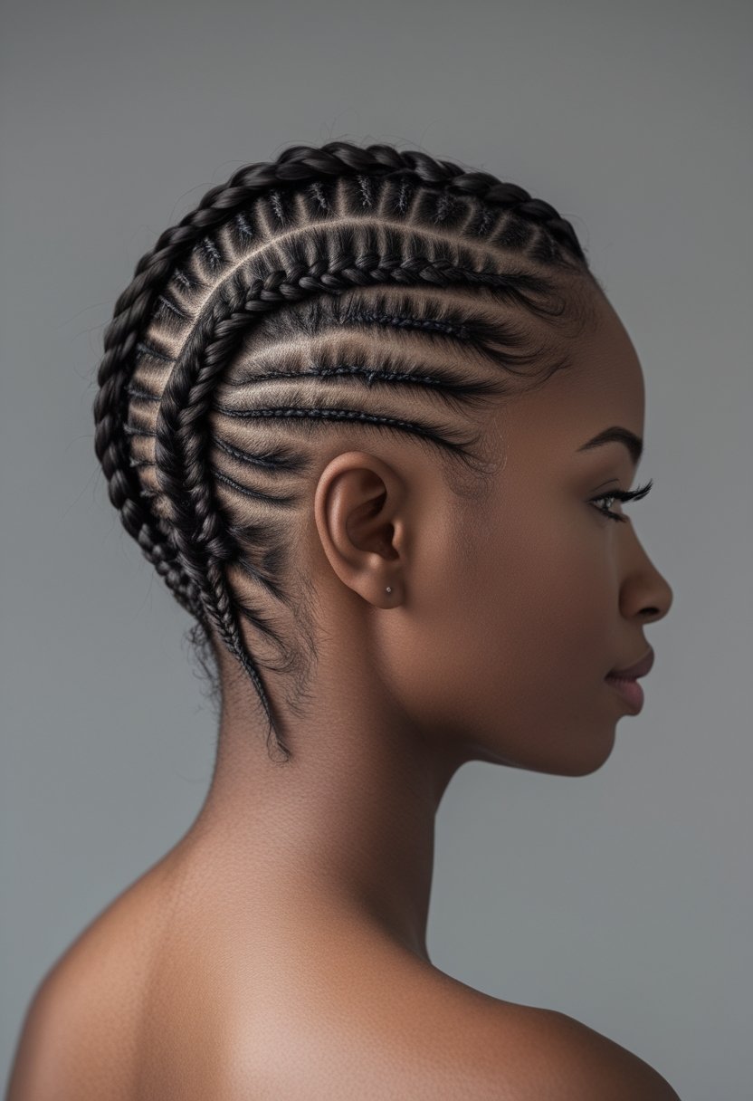 A woman with neatly braided cornrows forming a heart design on the back of her head.