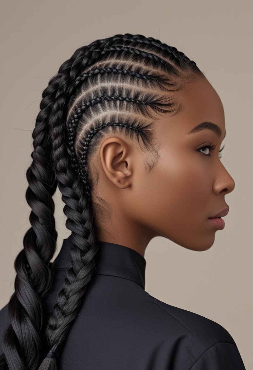 A woman displays zigzag cornrow braids arranged in geometric patterns across her scalp.