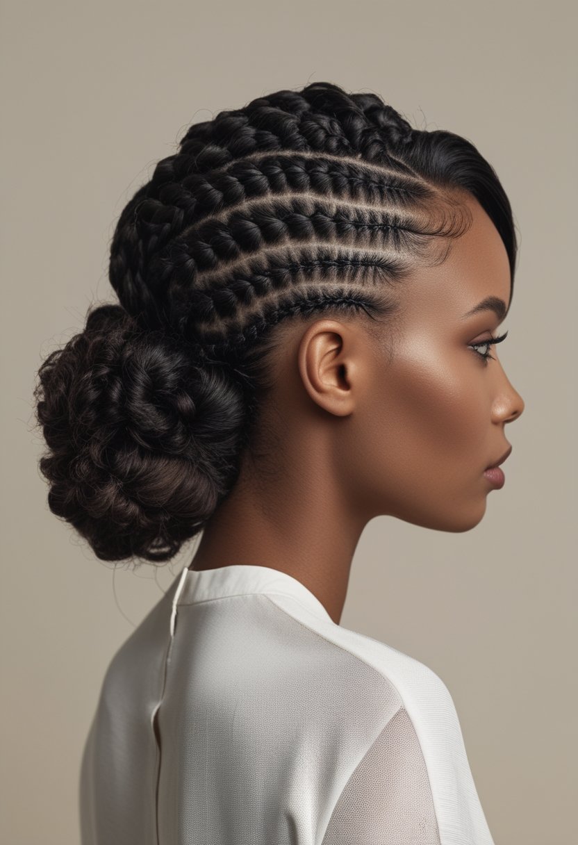 A woman with intricate freestyle cornrow braids viewed from a three-quarter rear angle against a plain background.