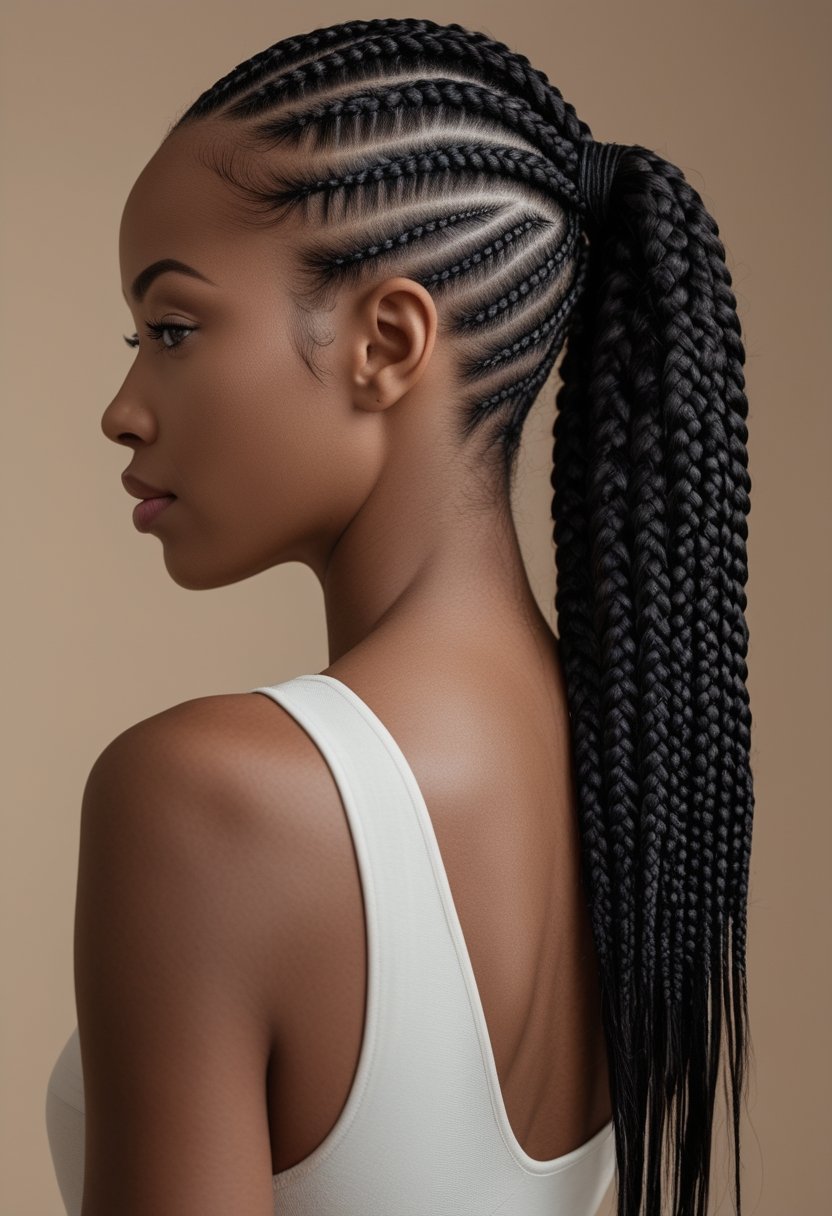 A woman is shown from behind wearing neatly braided cornrows gathered into a long ponytail.