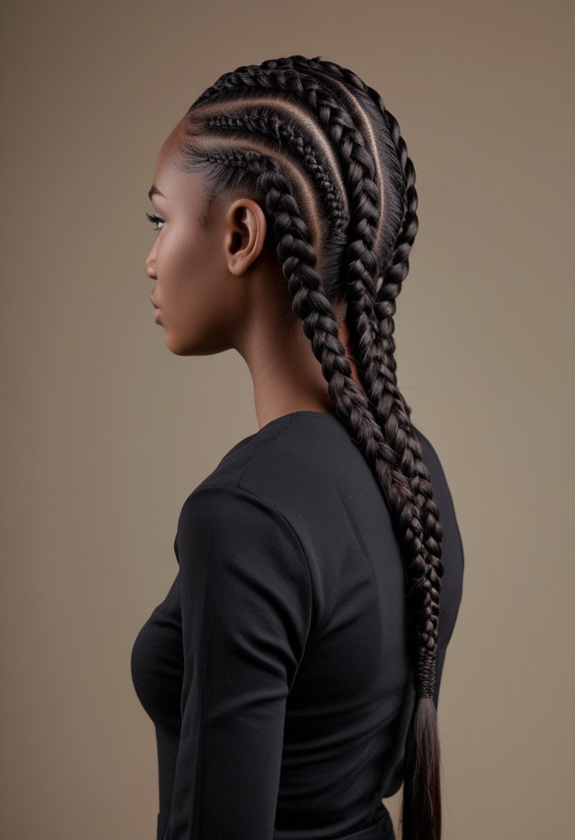 A woman with two large cornrow braids extending from her scalp down her back.