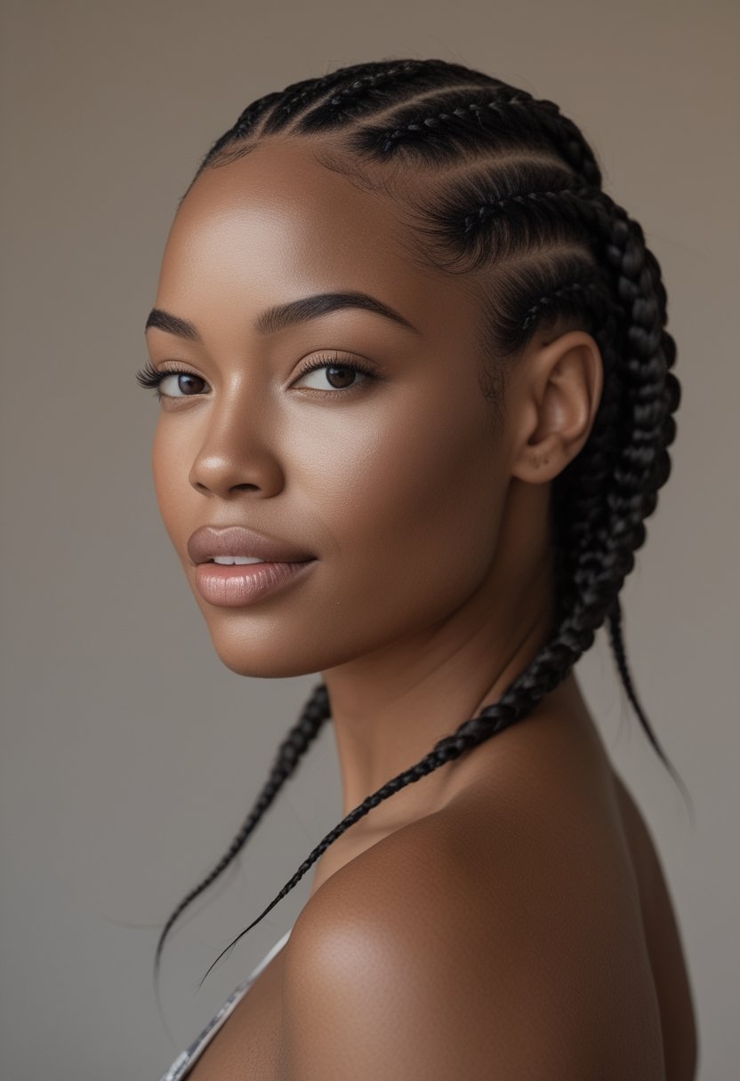 A woman with neatly arranged cornrow braids poses against a neutral background.