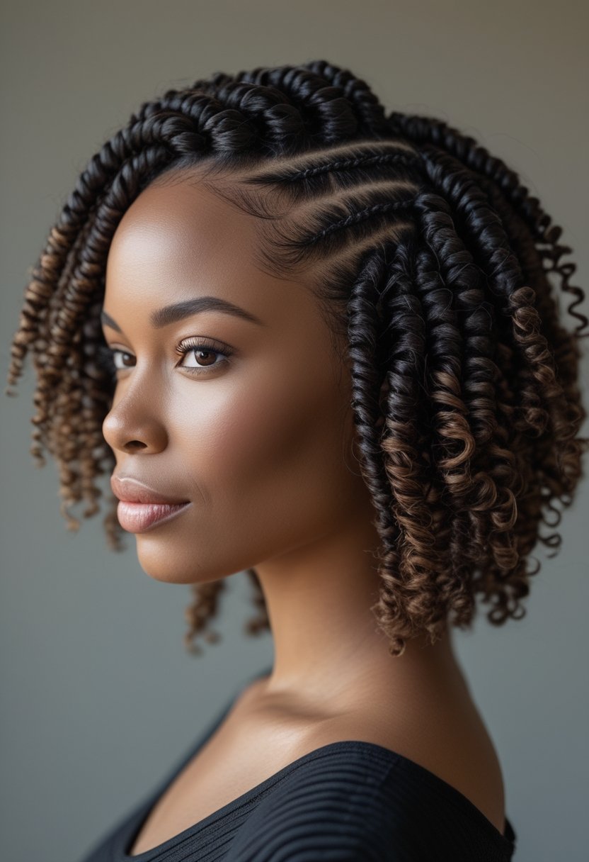 A woman with neat cornrows ending in soft curls.