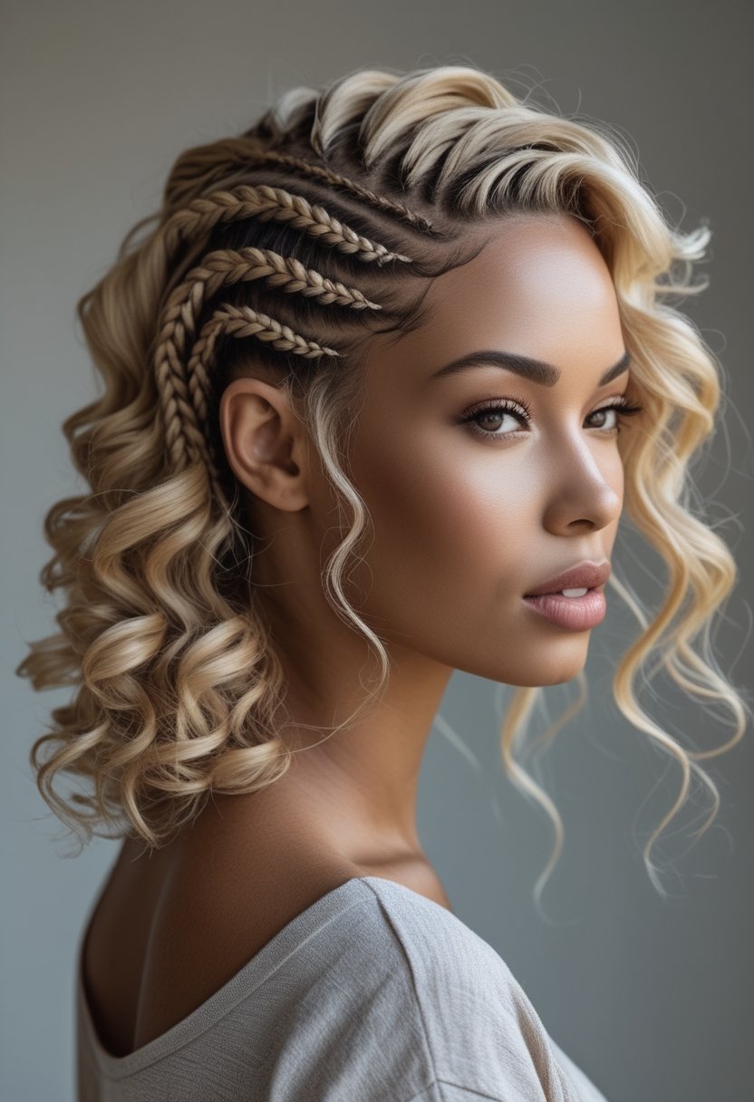 A woman with braided hair and loose curls poses against a plain background.