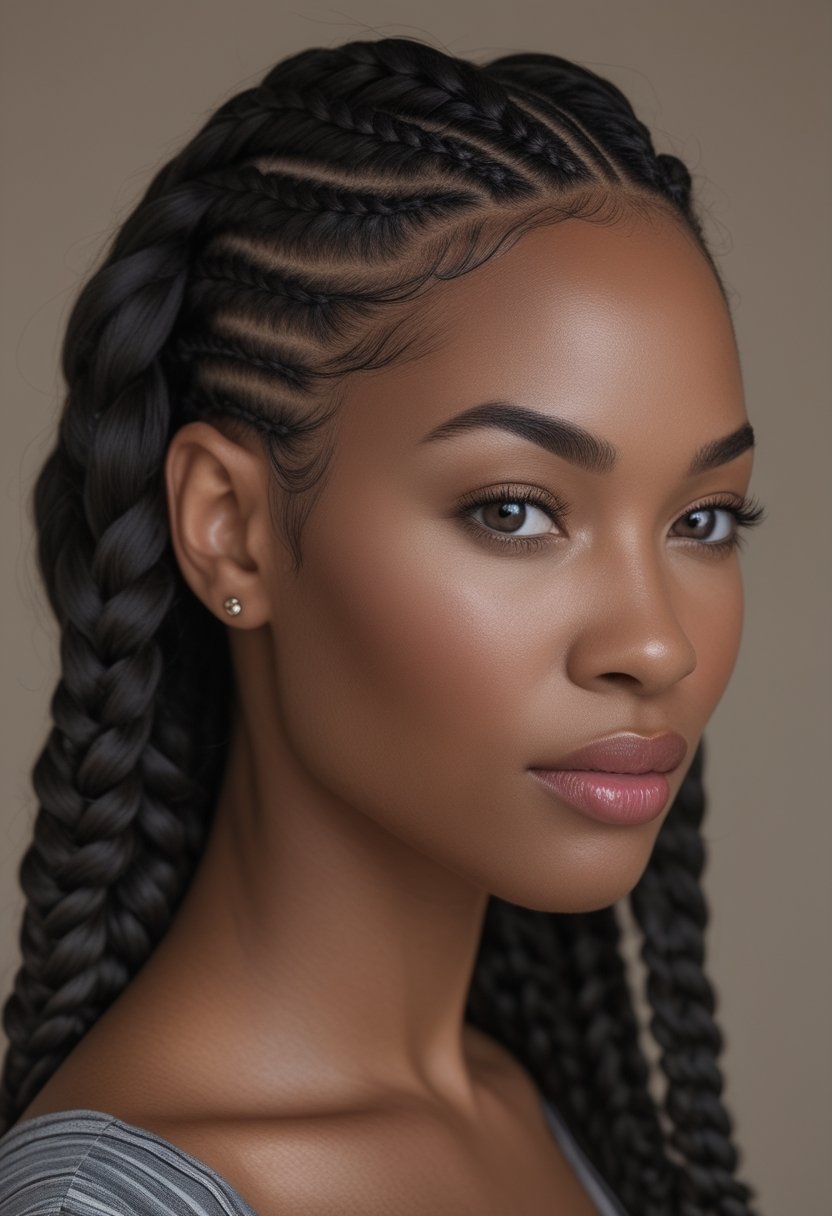 A woman with neatly braided hair styled half up and half down.