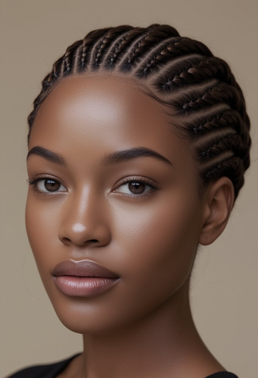 Person wearing a neatly arranged cornrow braided crown hairstyle.