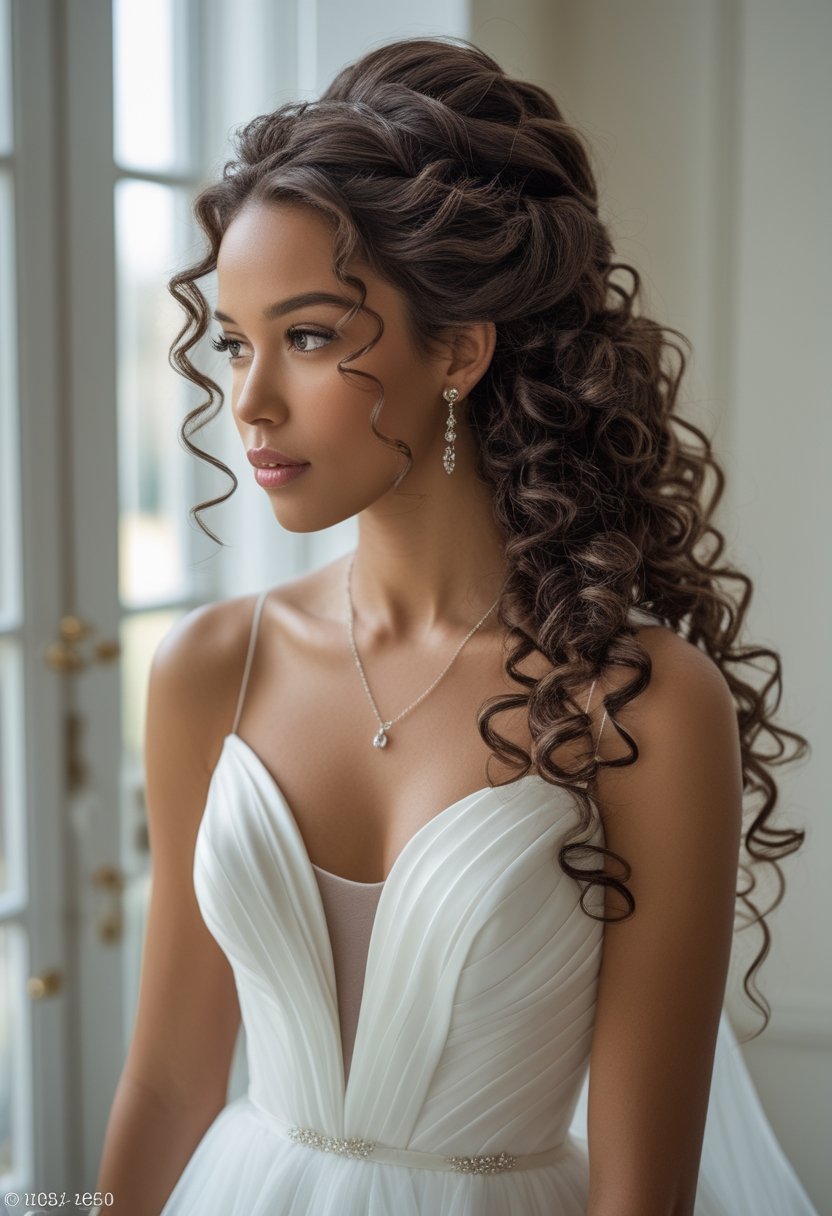 Bride with curly hair styled half up and cascading over her shoulders.