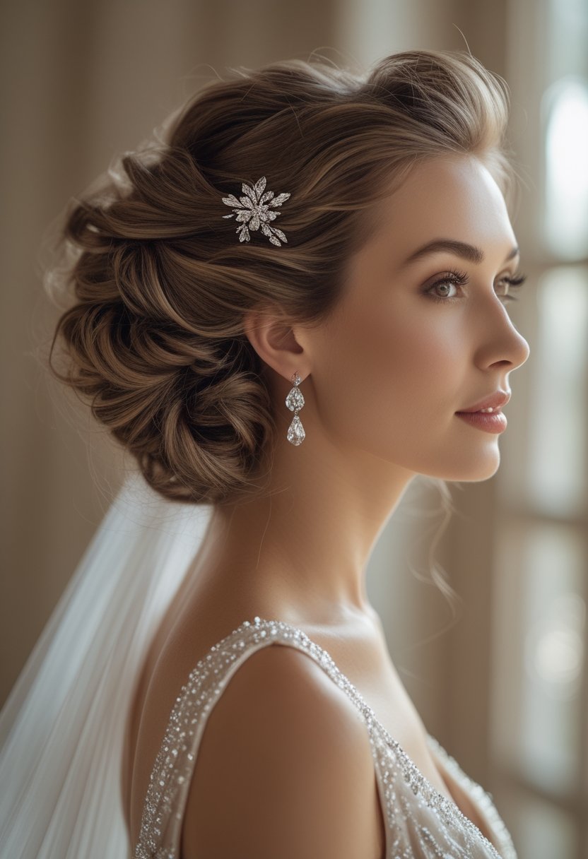 Bride with half-up curly hair secured by a crystal hairpin.