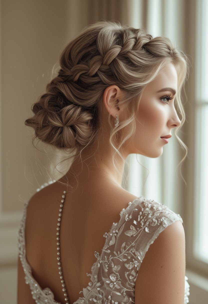 Bride with partially pinned curly hair standing in a softly lit setting.