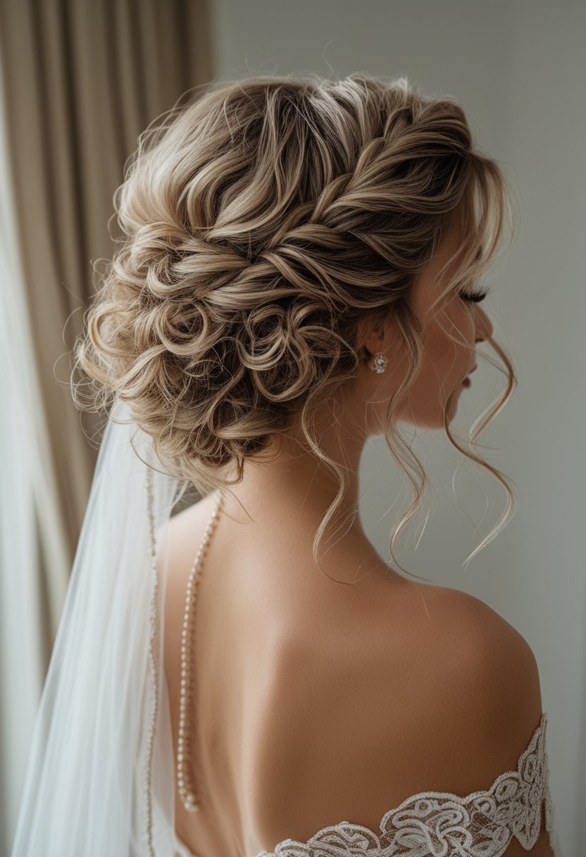 Bride wearing a curly half-up hairstyle with a twisted crown and loose ringlets.