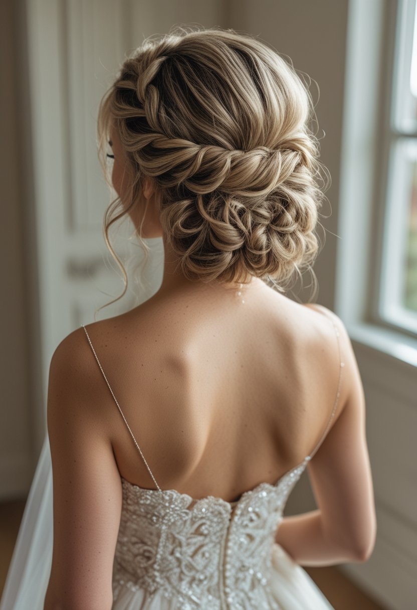 Bride wearing a half-up French braid with cascading curls.