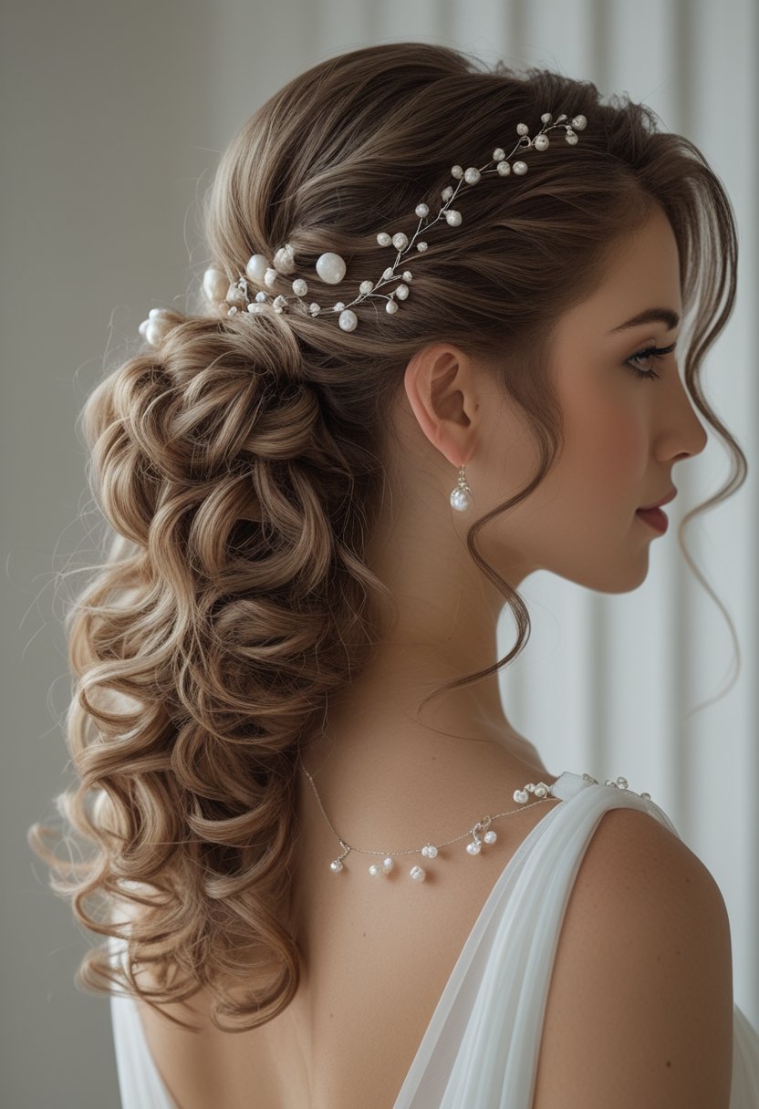 Bride wearing a pearl-adorned half-up curly ponytail.