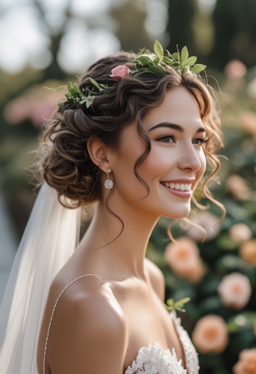 Bride with curly hair styled half up and decorated with small flowers in a garden.