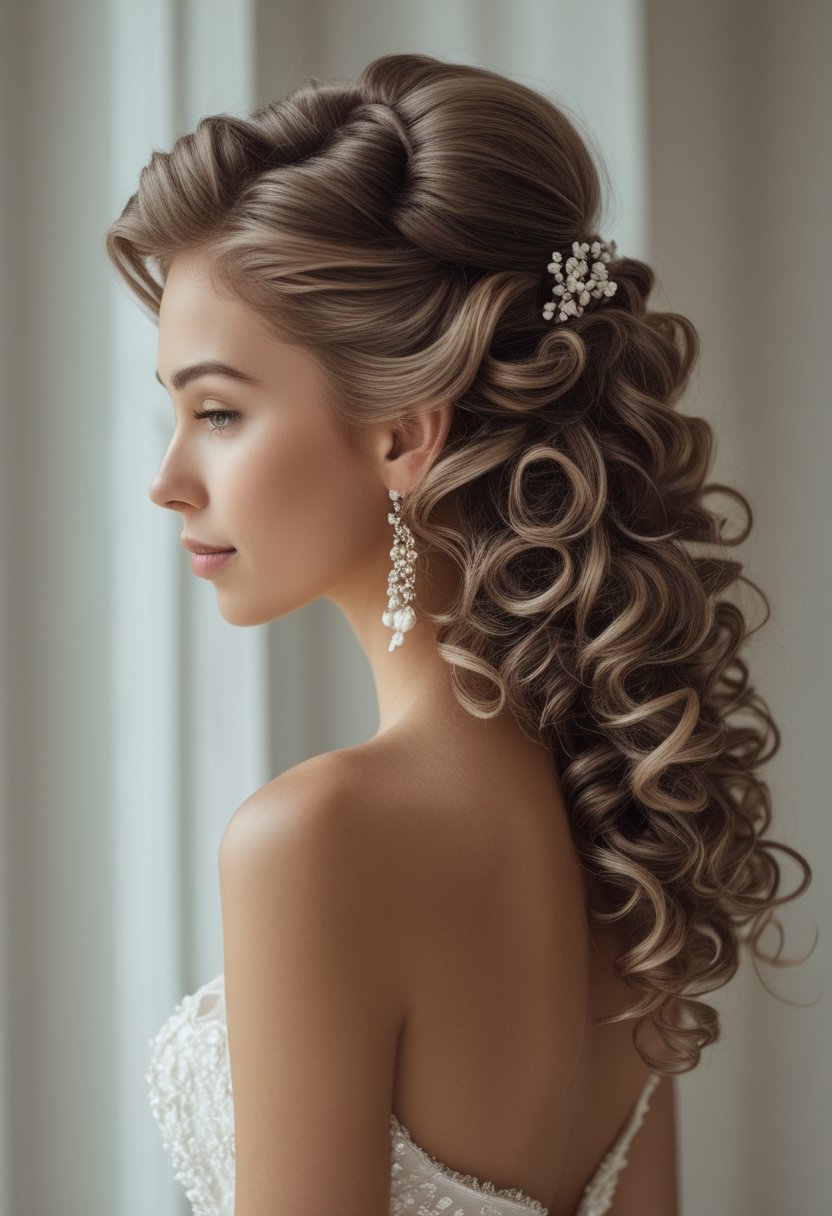 Bride wearing a half-up hairstyle with a sleek crown and voluminous natural curls.