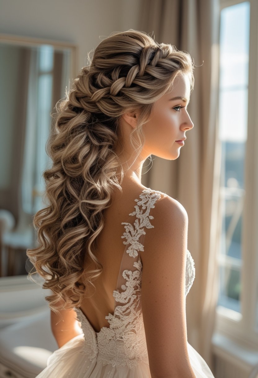 Bride wearing a half-up waterfall braid with soft curls over her shoulders.