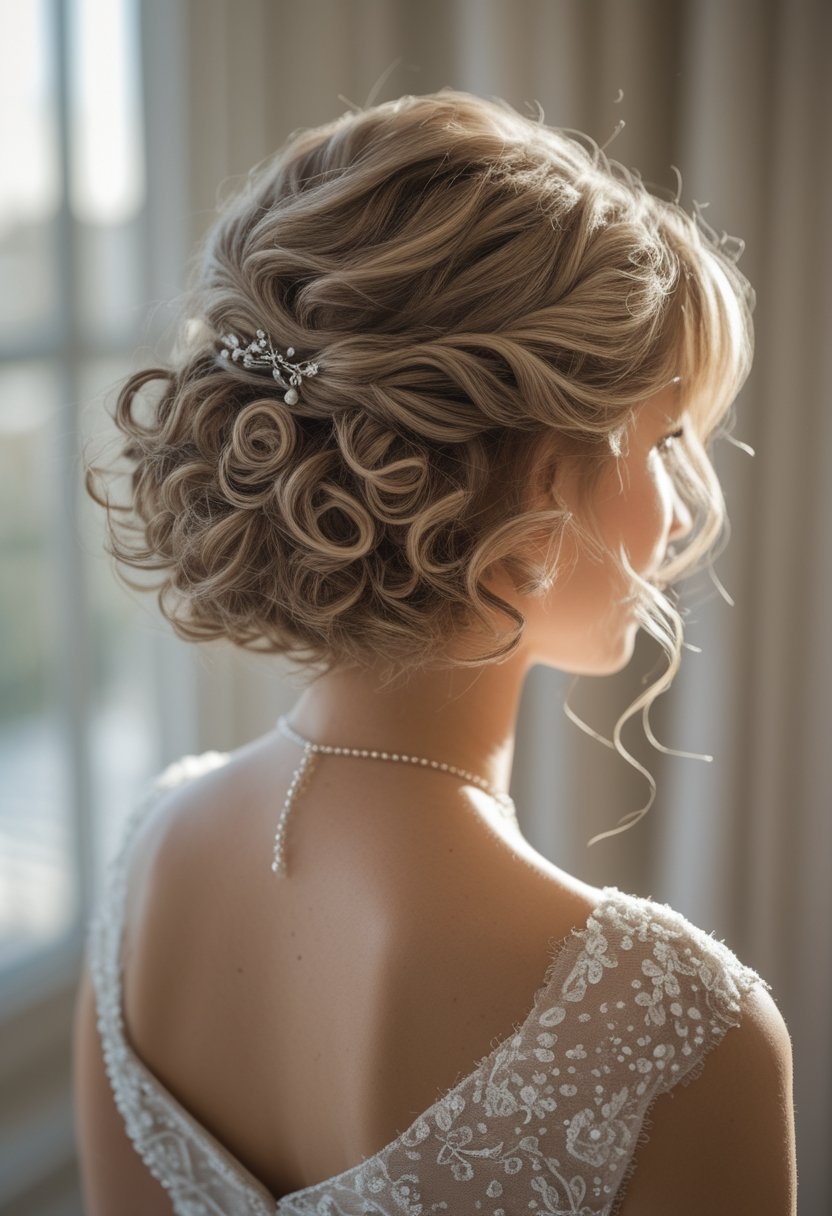 A bride with short curly hair poses in a softly lit wedding setting.