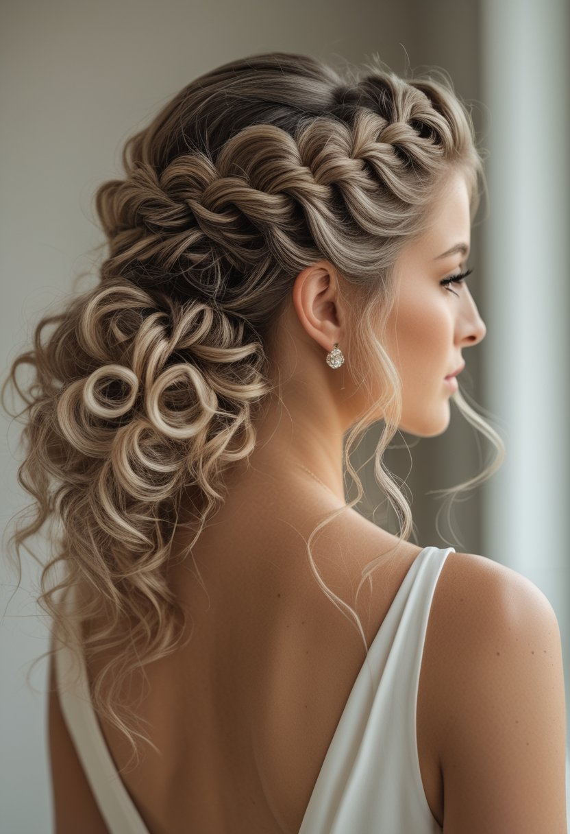 Bride wearing a half-up fishtail braid with voluminous textured curls.
