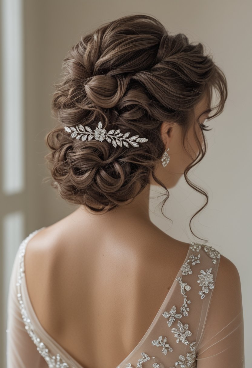 Bride with curly hair styled half up and decorated with a crystal comb.
