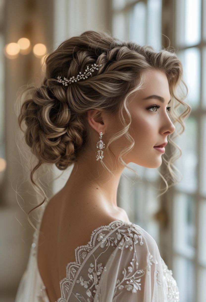 Bride wearing a half-up curly hairstyle with loose tendrils framing her face.