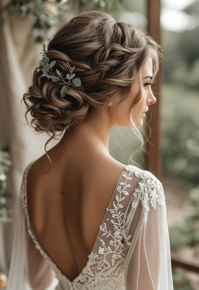 Bride wearing a curly half-up hairstyle decorated with small sprigs of greenery.