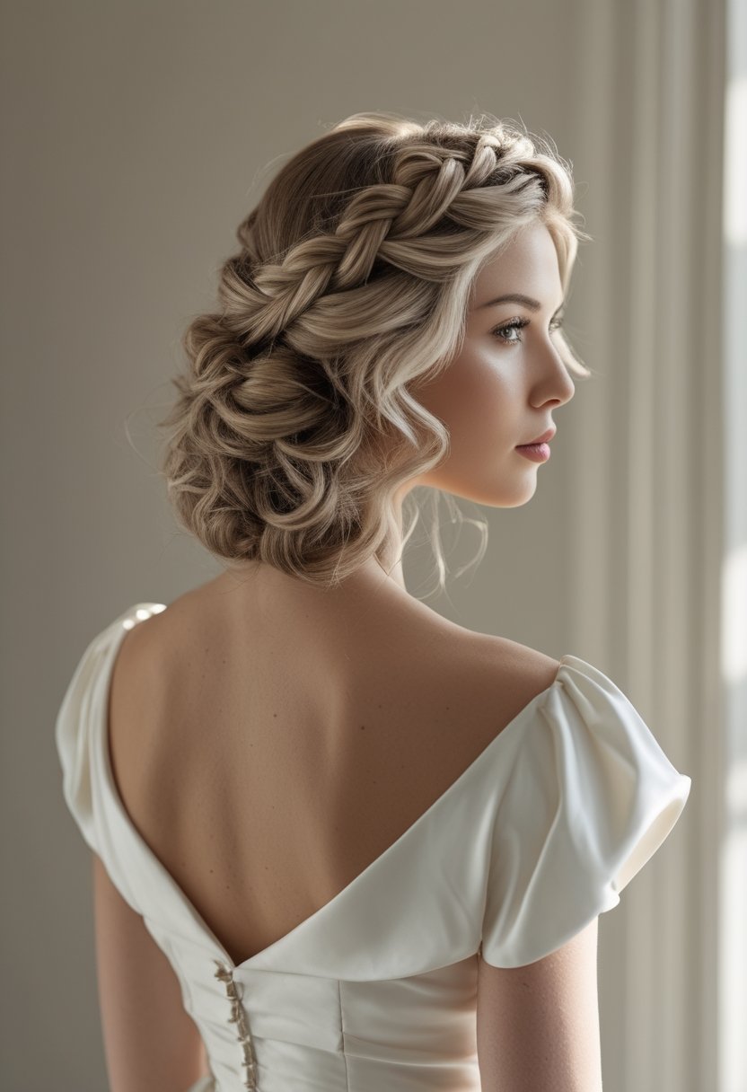 Bride with a braided crown hairstyle and shoulder-length curls.