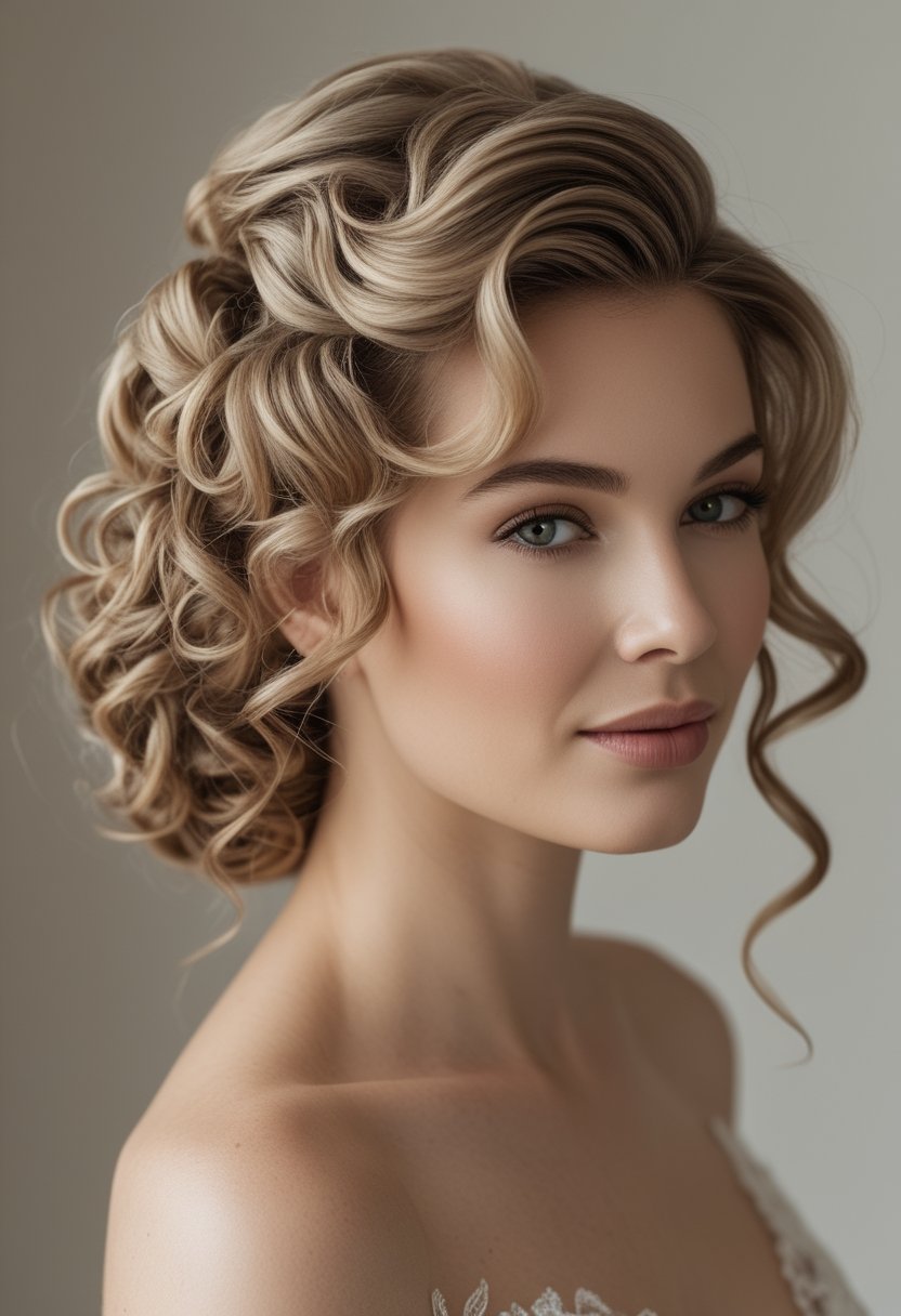 Bride with voluminous curls styled half up and parted to the side.