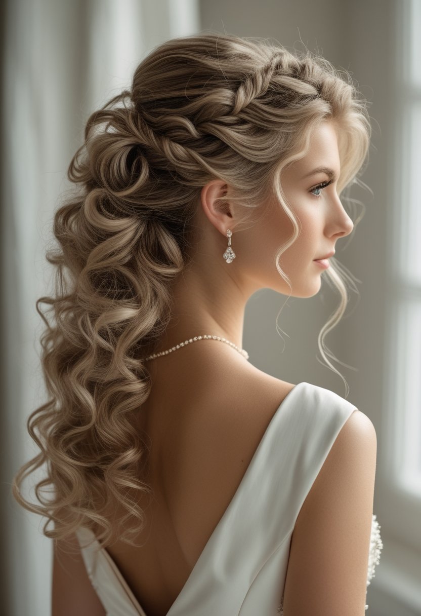 Bride with long curly hair standing indoors in a light-colored wedding dress.