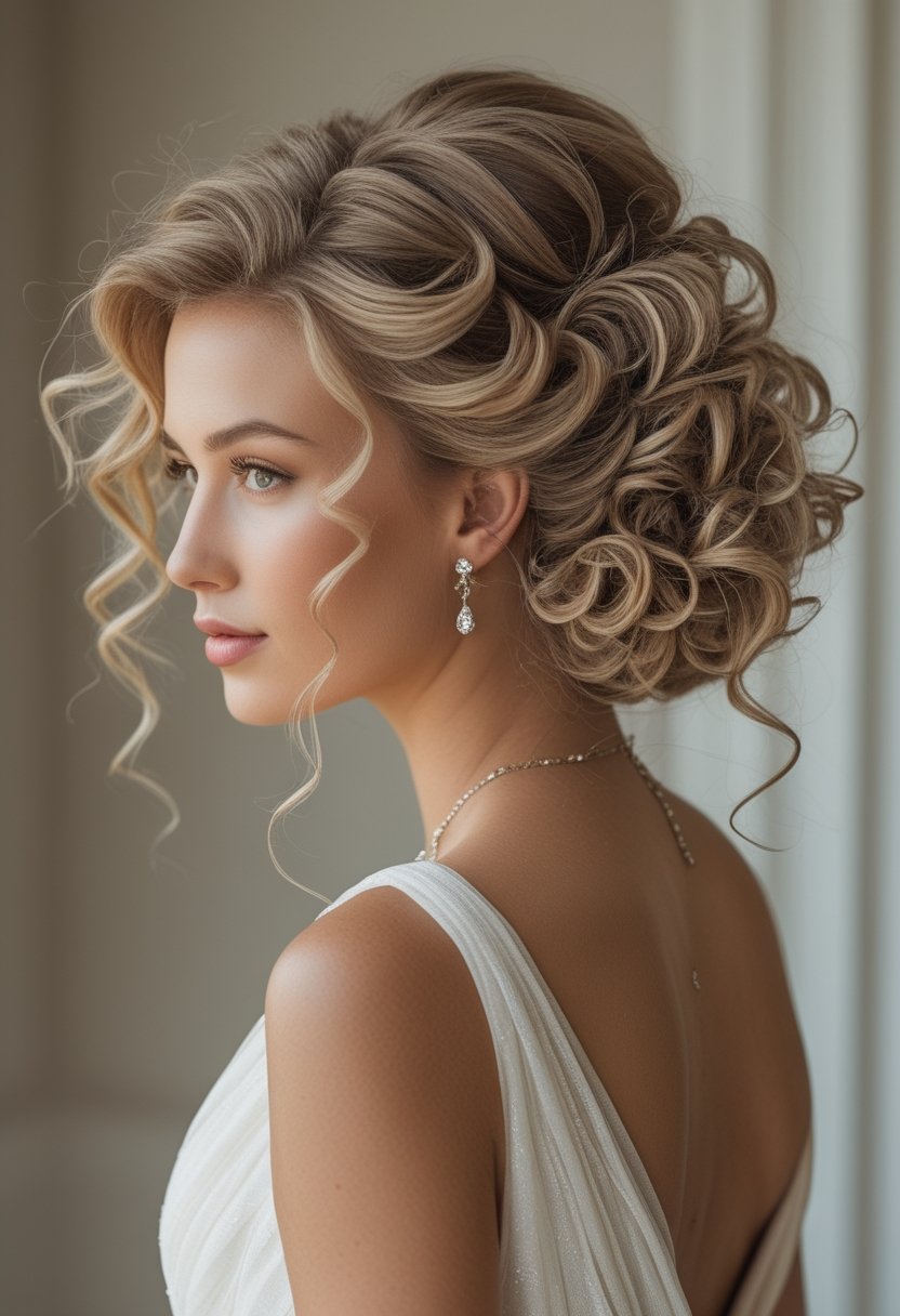 Bride wearing a half-up curly chignon with loose tendrils.