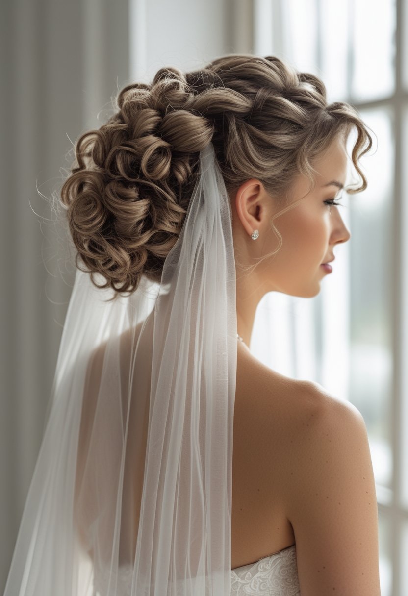 Bride with curly hair styled in an elegant updo and a white veil.