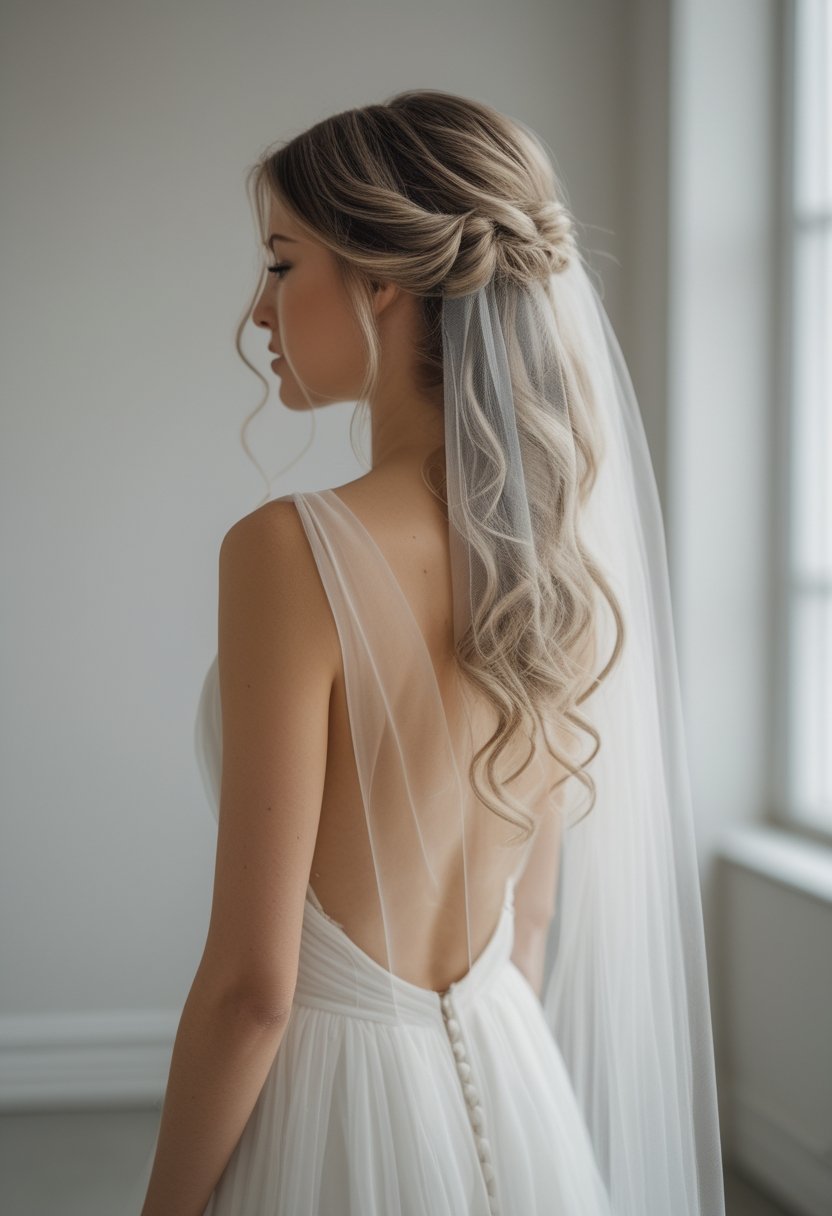 Bride with loose cascading curls wearing a long cathedral veil.
