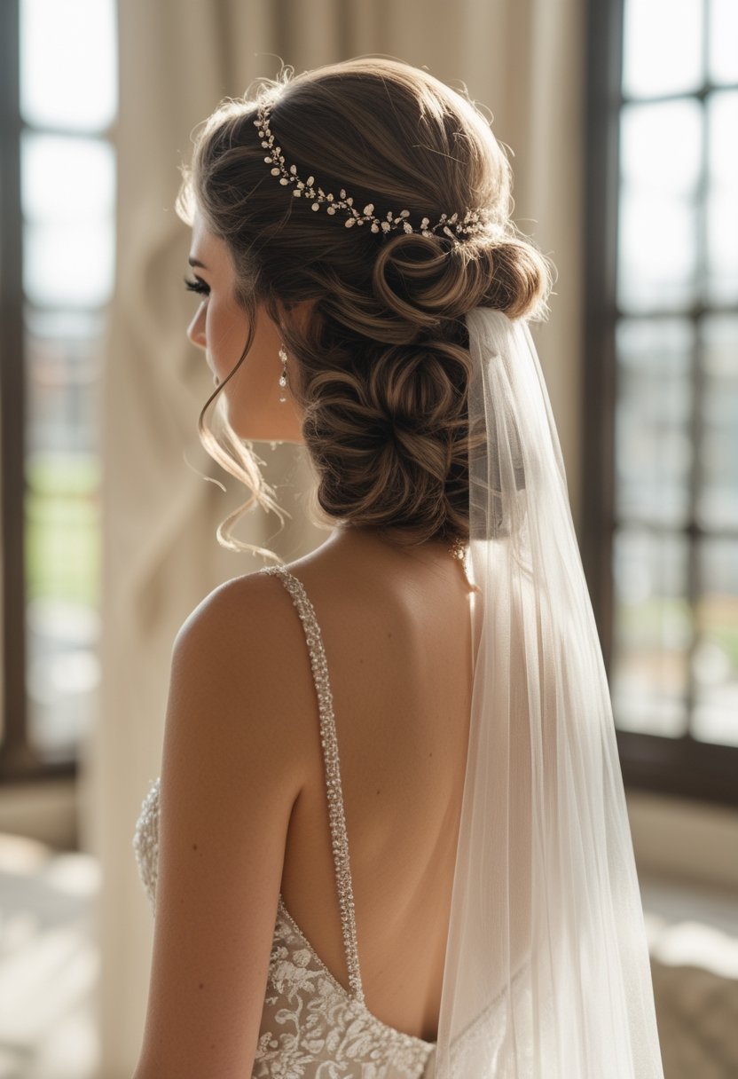 Bride with half-up curly hair and a short veil.