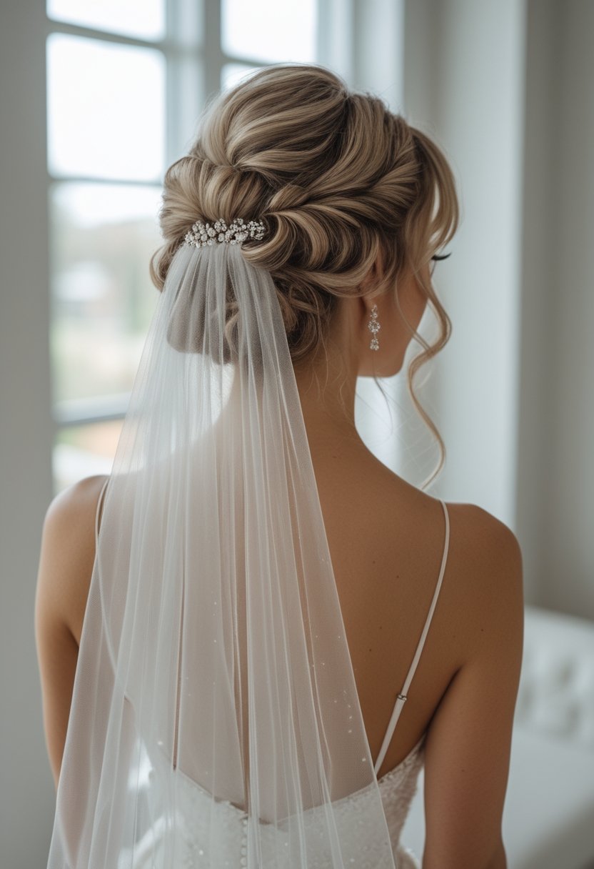Bride wearing a curly low chignon and a long cathedral veil.