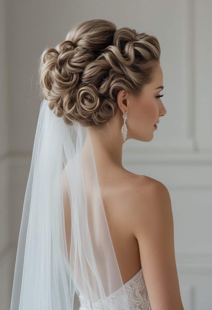Bride with a voluminous curly updo and a sheer veil falling down her back.