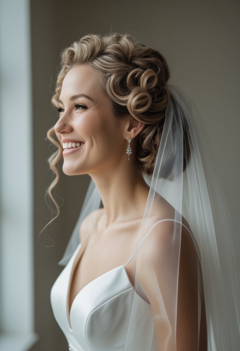 Bride with curly hair swept to one side and a veil draped behind her.