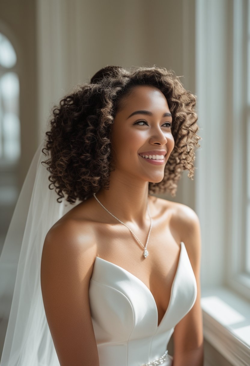 Bride with natural curly hair wearing a fingertip-length veil pinned at the crown.