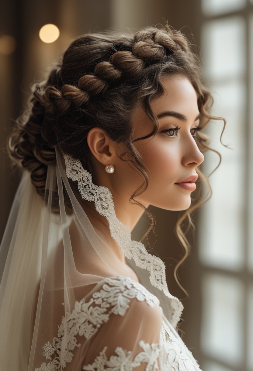 Bride wearing a braided crown hairstyle with a lace-edged mantilla veil.