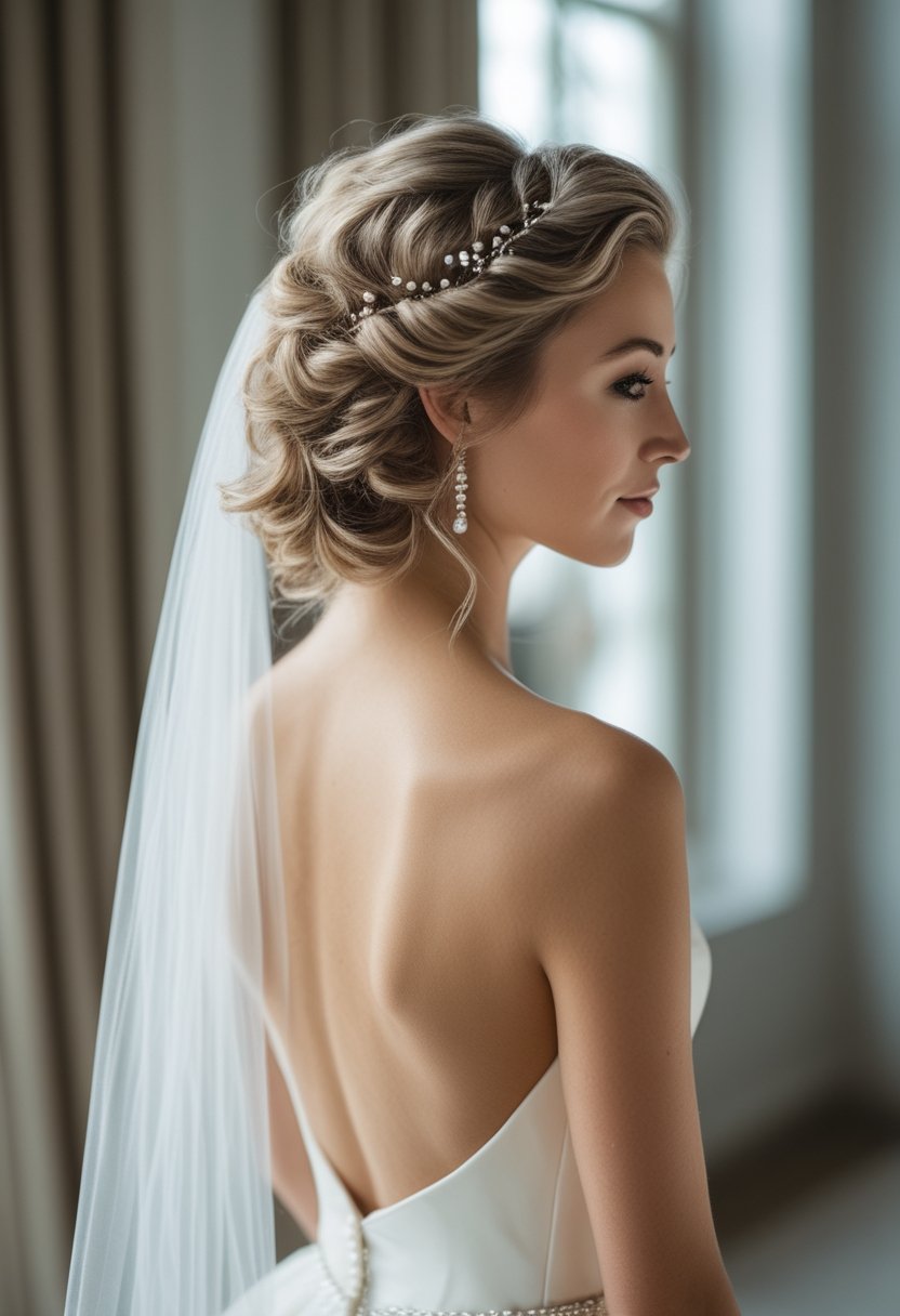 Bride wearing half-up curly hair with pearl hairpins and a chapel-length veil.