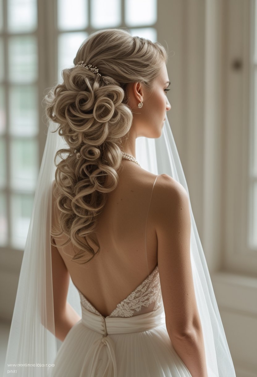 Bride with a curly ponytail wearing a long cathedral veil.