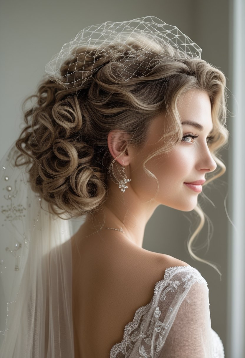 Bride wearing a curly bun and a birdcage veil.