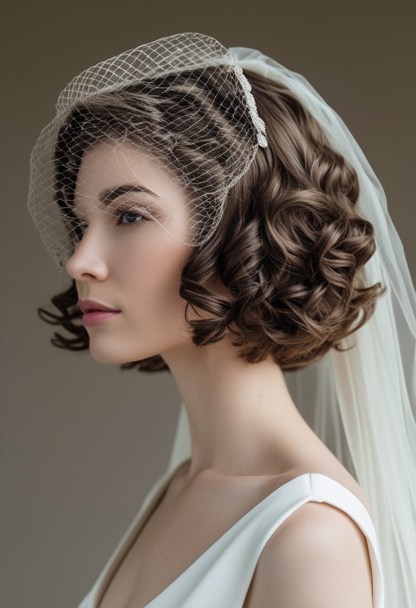 Bride with a curly bob hairstyle wearing a delicate birdcage veil.