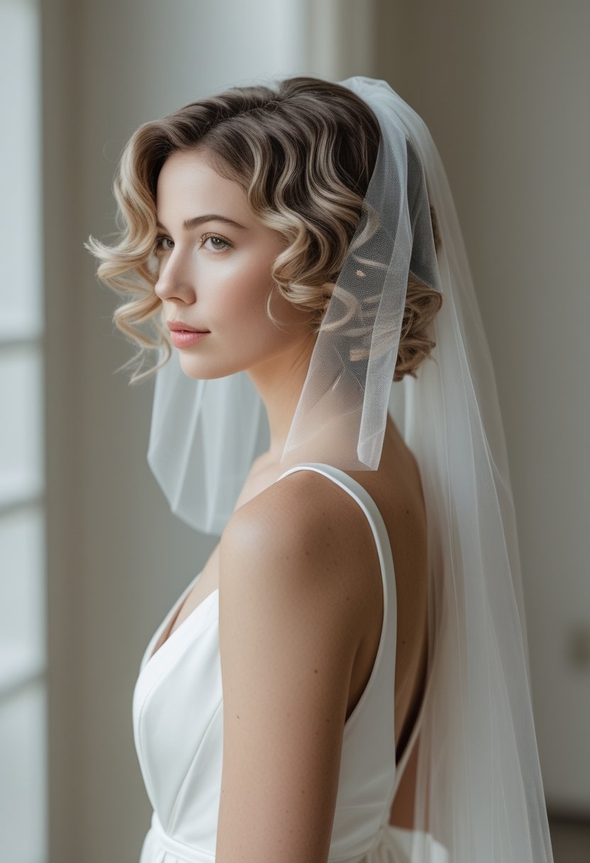 Bride with shoulder-length curly hair wearing a short veil and white wedding dress.