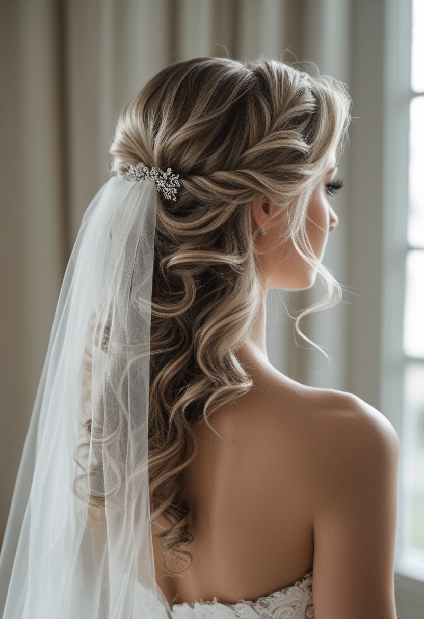 Bride wearing cascading curls and a blusher veil.