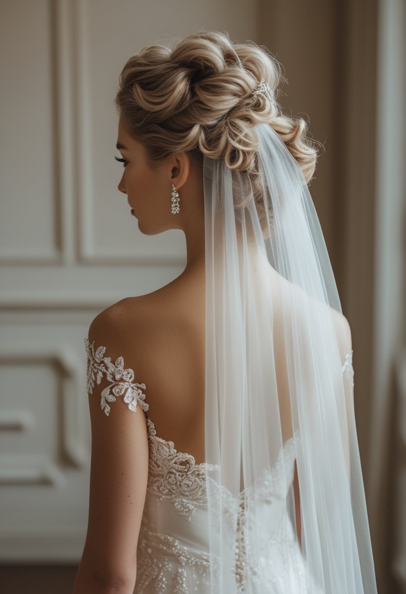 Bride wearing a curly French twist hairstyle with a long cathedral veil.