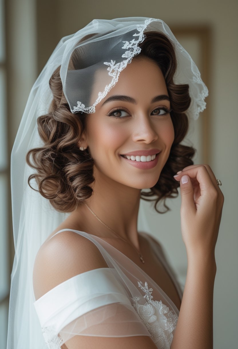 Bride with defined curly hair wearing a Juliet cap veil.