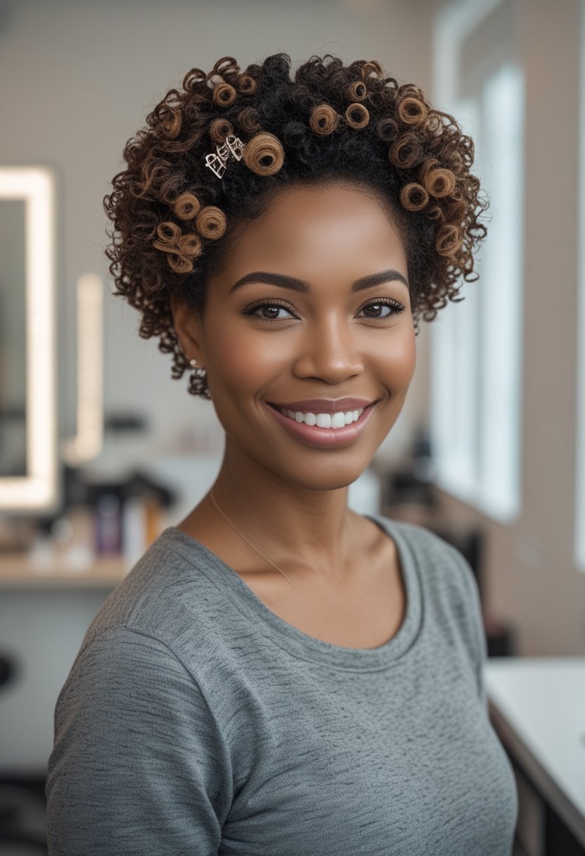 Cute Hairstyles for Short Curly Hair: 17 Stunning Ideas Woman with short curly hair showing several polished hairstyles in a bright studio.